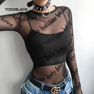 Áo thun lưới TODOBLACK tay dài cổ tròn xuyên thấu in chữ thời trang quyến rũ cho nữ