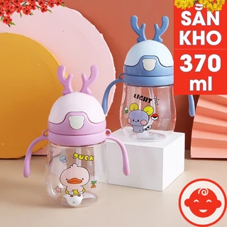 Bình uống nước SỪNG HƯƠU 370ml có CHỐNG SẶC, kèm DÂY ĐEO, uống sữa, chịu nhiệt tốt, có tay cầm tiện lợi cho bé tập uống