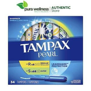 Tampax Pearl Tampons Duo Pack, Regular/Super 34 miếng cán nhựa siêu thấm không mùi