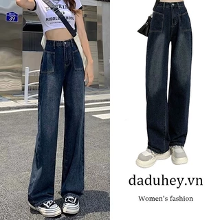 Daduhey Quần jeans dáng rộng ống suông lưng cao kiểu Mỹ retro thời trang cho nữ