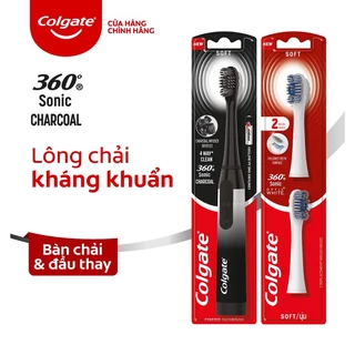 Combo Bàn Chải Điện Dùng Pin Colgate Sonic 360 Charcoal lông phủ than kháng khuẩn và 2 Đầu thay trắng đen lông xoắn kép