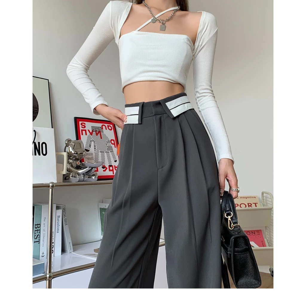 .Quần ống rộng nữ cạp gấp kẻ, Ulzang Lưng Viền Chất rủ , mịn.Siêu Hách Dáng Mã (303)
