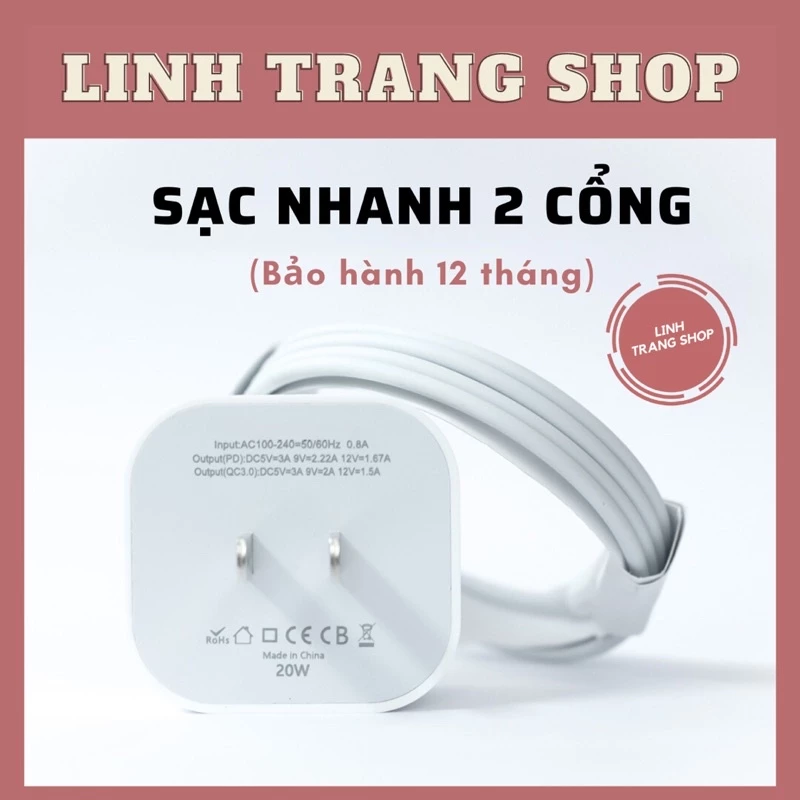 Củ Sạc Nhanh 2 Cổng PD + Quick Charge, Ổn Định, Dành Cho Nhiều Loại Máy(Bảo Hành 1 Năm)