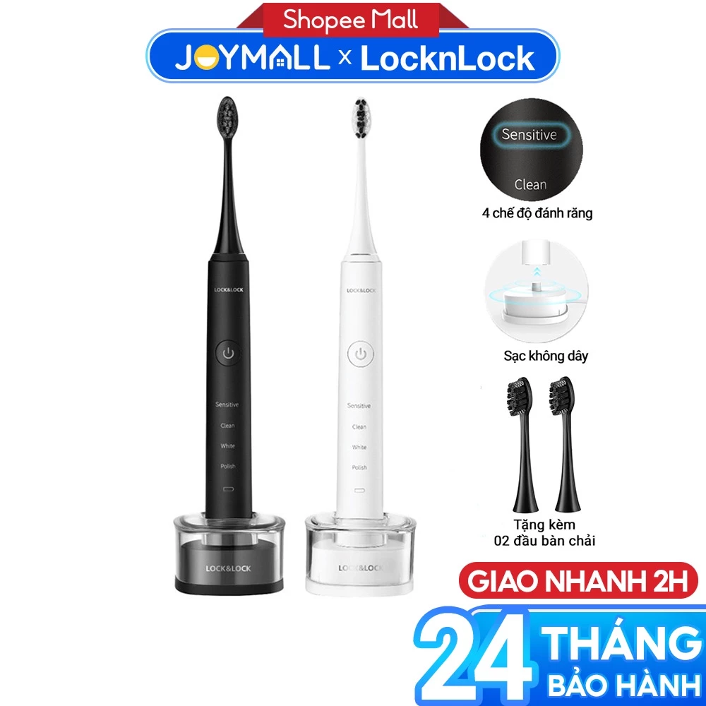 Bàn chải điện Lock&Lock ENR346 sạc không dây, chống nước, đèn led thông minh - Hàng chính hãng kèm 2 đầu chải - JoyMall