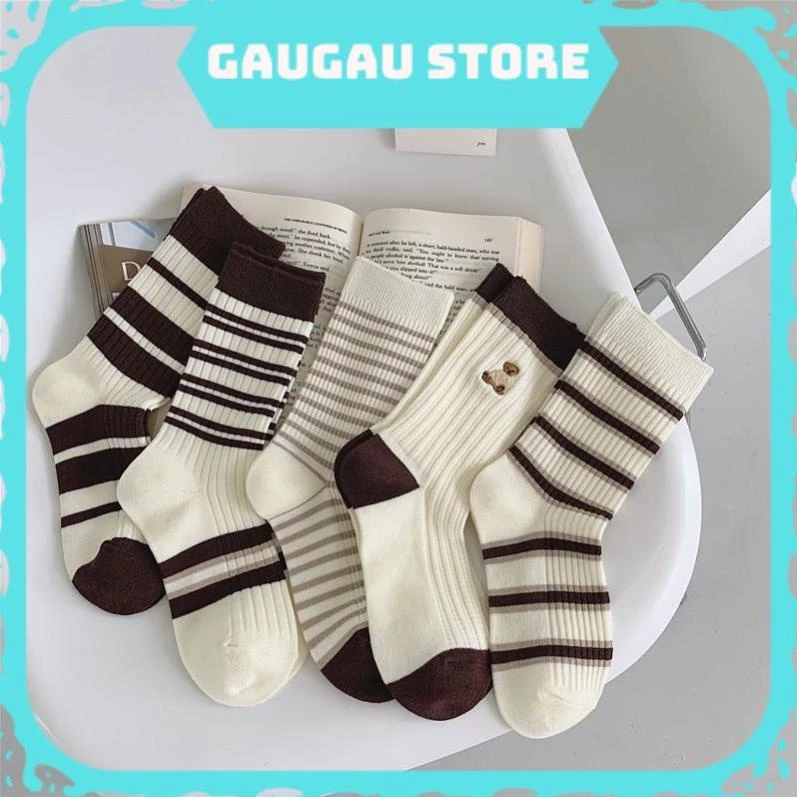 Tất Cotton Thể Thao Họa Tiết Gấu Cà Phê Sọc Cổ Điển Thời Trang Hàn Quốc Cho Nữ [ Hỏa Tốc HCM ]