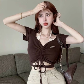 ÁO THUN CROPTOP RÚT DÂY PHỐI YẾM ĐẸP SOS2