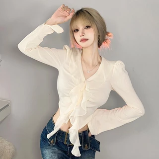 Áo Thun Crop Top Tay Dài Cổ Chữ V Thời Trang Hàn Quốc Cho Nữ