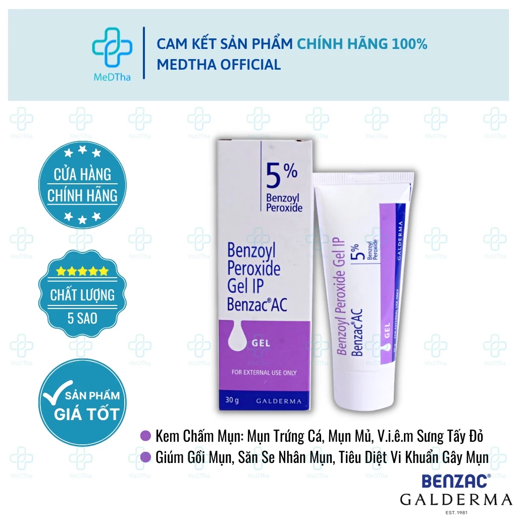 Benzac AC 2.5%/5% (Benzoyl Peroxide Gel IP) - Benzac Ấn, Gel Chấm Mụn, Mụn Trứng Cá, Sưng Tấy (Tuýp 30g)