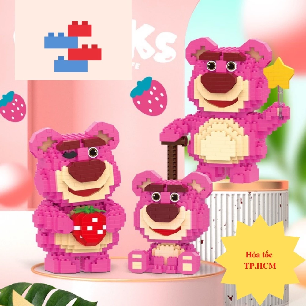 Mô hình đồ chơi Lắp ráp Gấu dâu Lotso, Gia đình Gấu dâu Lotso đáng yêu.