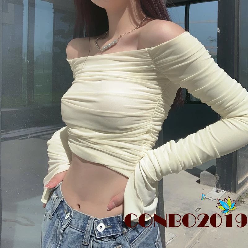 Áo Croptop Trễ Vai Tay Dài Màu Sắc Đơn Giản Cho Nữ