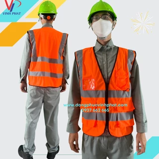 Áo lưới phản quang công nhân cao cấp màu cam có khóa kéo túi nắp bảo hộ an toàn