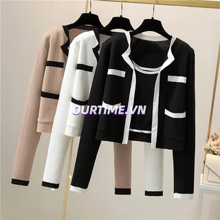 Set Áo Khoác Cardigan Dài Tay Và Áo Len Ngắn Phong Cách Hàn Quốc Mới