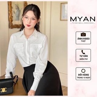 MYAN DESIGN Áo Sơ Mi Thô Lụa Nữ Thiết Kế Cổ Đức 2 Túi Vuông Tay Bồng 3 Khuy Màu Trơn (Trắng, Xanh, Vàng, Hồng) AVN092205