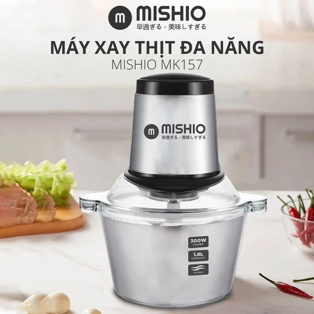 Máy xay thịt đa năng cối inox Mishio MK157 1.8L motor đồng nguyên chất