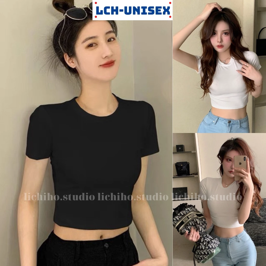 Áo thun nữ basic tay ngắn thiết kế cổ tròn sexy áo croptop trơn form body tôn dáng vải cotton mềm mịn LCH