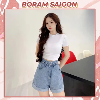 Quần short jean nữ lưng cao, quần đùi jean cạp cao ống rộng sắn gấu BORAM SG