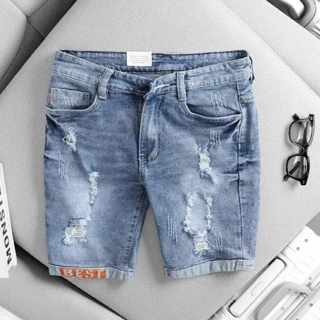 Mã Số QSN 216 Quần Short Jean Nam chất liệu jeans bò co giản 4 chiều cao cấp màu xanh thêu gấu line chuẩn dáng