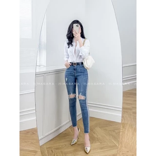 Quần jean MASARA skinny xanh phối line sườn rách đùi form ôm