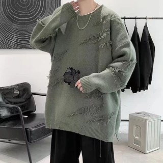 Áo len unisex dệt kim cổ tròn thiết kế xẻ rách Đơn giản thời trang unisex phá lỗ làm áo len nam và nữ thuần khiết cũ