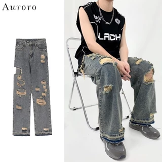 Quần baggy rách unisex quần jean nam rách gối Màu Trơn retro quần hiphop oversize from rộng Quần bò rách gối thời trang Quần jean trắng