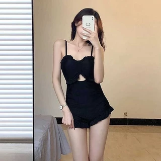 (Hàng QCCC- đủ size) Bikini đồ bơi cao cấp một mảnh liền thân đen chun ngực phối diềm