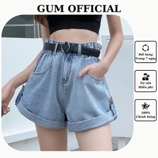 Quần short nữ ống rộng cạp cao GUM OFFICIAL chun sườn mặc 2 kiểu , quần đùi jeans xắn gấu màu đen trắng