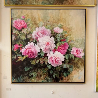 Tranh Hoa Mẫu Đơn , tranh in vải canvas lụa kimsa 60x60cm đủ khung và đinh treo