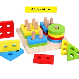 Bộ thả hình khối 4 cọc trụ bằng gỗ, đồ chơi trí tuệ cho bé học hình khối, học màu sắc