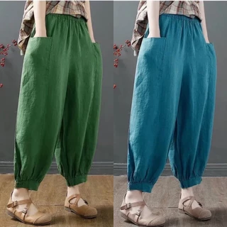 M-4xl 2023 Mới 100% Cotton Vải Lanh Retro Cao Cấp Nữ Rời Bó Hoa Dài Đến Mắt Cá Chân Quần Hậu Cung