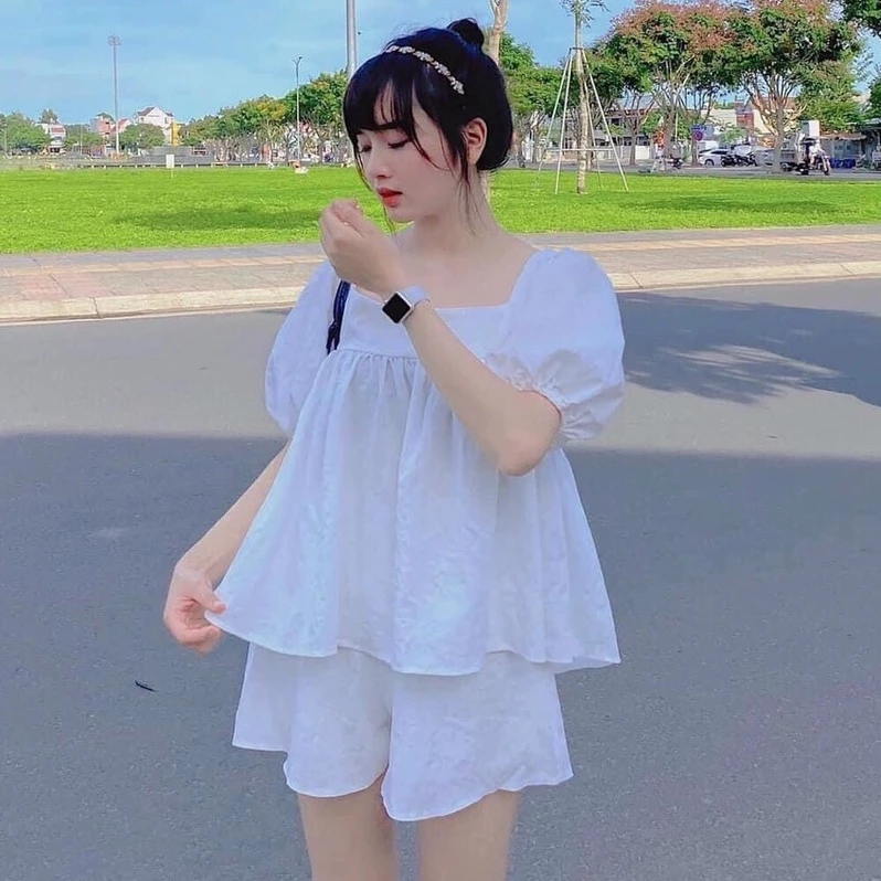 Set Babydoll Đũi Tay Bồng Tiểu Thư CAROLL Nữ 💯 FREESHIP 💯  Bộ Hè Trơn Lụa Phối Dây Lưng Kèm Short Kiểu Dáng Bánh Bèo HOT