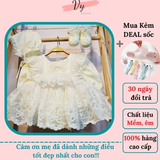 MV003 Set Váy Bé Gái Sơ Sinh VY DESIGN. Váy Body Cho Bé Kèm Mũ Và Giầy Handmade, Đầm Bé Gái Màu Kem, Đầm Đầy Tháng