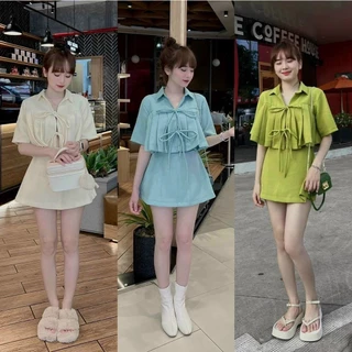 [New Sales 2024] Set bộ áo sơ mi thắc nơ ngực tay ngắn mix chân váy chữ A kiểu tiểu thư mặc cực dễ thương