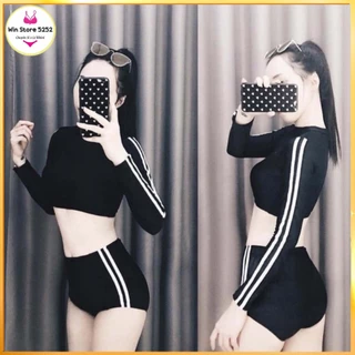 Bikini, Đồ Bơi Đi Biển Hai Mảnh Tay Dài Thể Thao Hai Sọc Trắng Quần Cạp Cao HM-011