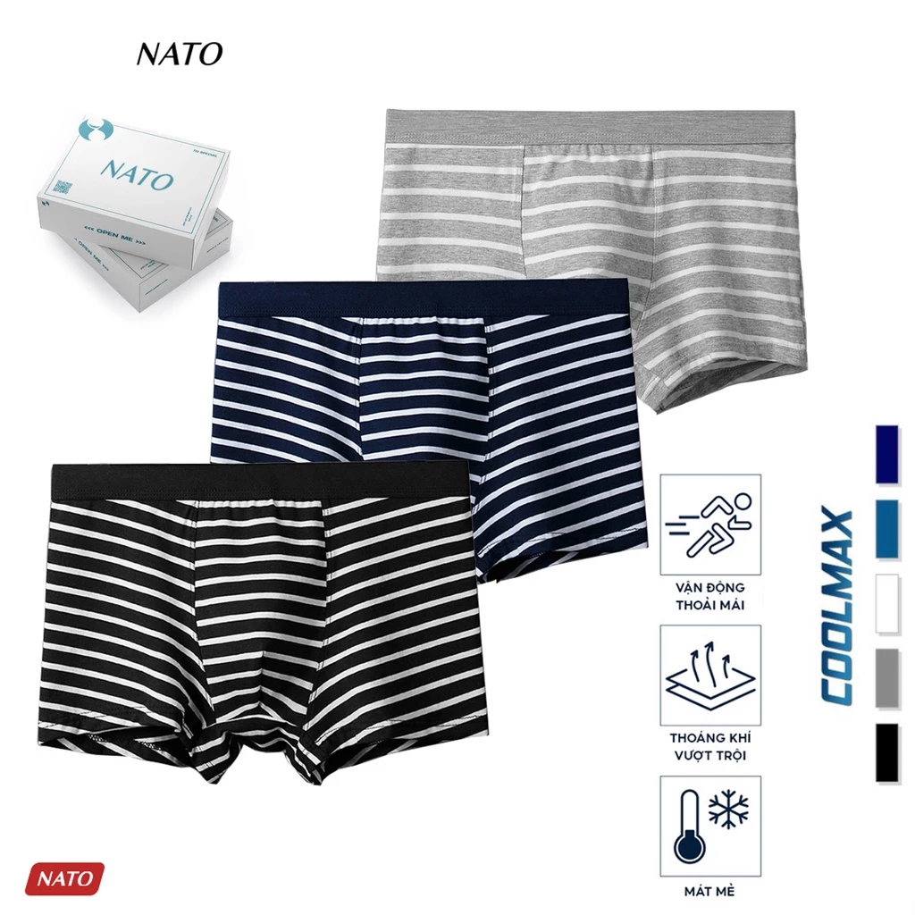 Quần Lót Boxer Nam Nato Chéo Vải Lụa Cao Cấp Có Họa Tiết Màu Xám Xanh Đen Trơn Không Viền Thoáng Mát