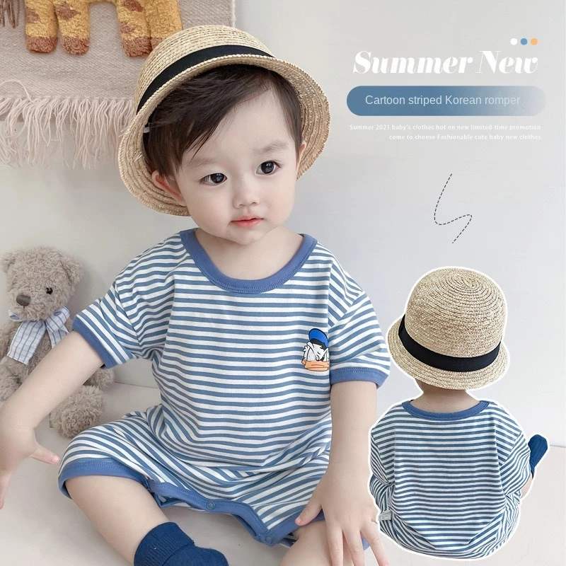 Bộ Áo Liền Quần Bằng Cotton Trơn Dễ Thương Phong Cách Hàn Quốc Thời Trang Mùa Hè Cho Bé Trai / Gái 0-2 Tuổi