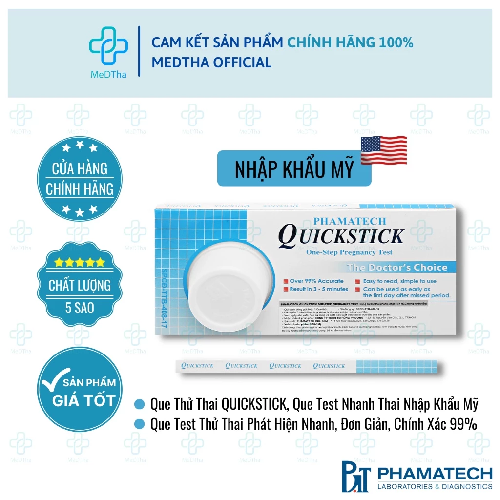 Que Thử Thai QuickStick - Que Thử Phát Hiện Sớm, Test Thai Nhanh, Tiện Lợi, Chính Xác (Hộp 1 Que) [Chính Hãng]