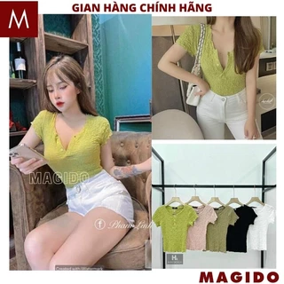 Áo thun cộc tay ôm body cổ chữ V cài cúc, áo phông trơn kiểu dáng tiểu thư phong cách hàn quốc - MAGIDO