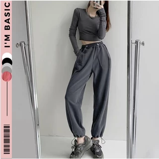 Quần Jogger Sweatpants Nữ Xám Đậm Dây Rút Ống Rộng Nỉ Tăm Tổ Ong Phong Cách Hàn Quốc Im Basic  [QJG03+1]