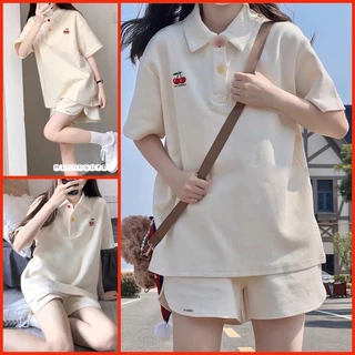 Bộ thun polo Cherry nữ [FREESHIP] Set đồ cotton dày form rộng áo kiểu mix quần sooc đùi bánh bèo cá tính ulzzang