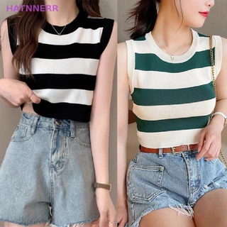 Áo Croptop Dệt Kim Sát Nách Cổ Tròn Họa Tiết Kẻ Sọc Phong Cách Vintage Thời Trang Mùa Hè Cho Nữ FHS