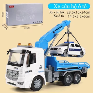 Đồ chơi xe cứu hộ ô tô có rơ móc xoay chuyển kèm nhạc và đèn chạy đà mở được cửa