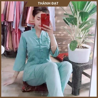 Bộ Đi Chùa Nữ, Đồ Lam Đi Chùa Cổ Tàu Xanh Thạch Thêu Chất Vải Dày Dặn Mịn Đẹp, Bộ Đi Lễ  Mặc Thoải Mái Thoáng Mát