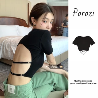 Porozi Áo croptop Thun Ngắn Tay Màu Đen Trơn Dáng Ôm Hở Lưng Thời Trang Mùa Hè Cho Nữ