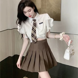 Bộ Áo Sơ Mi Ngắn + Chân Váy Xếp Ly Lưng Cao Phong Cách Phương Tây Thời Trang Mùa Hè Mới Cho Nữ