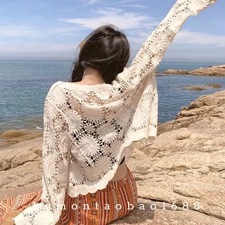 Áo Khoác Cardigan Đan Móc Hoạ Tiết Hoa Đi Biển Du Lịch Phong Cách Boho