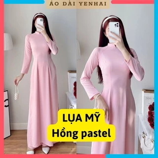 Áo dài màu hồng phấn pastel trơn truyền thống may sẵn lụa mỹ cao cấp | B18