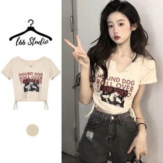 Áo croptop thun nữ L66 dây rút mặc 2 kiểu ôm body tay ngắn cổ tim sexy thun lạnh co dãn đẹp vintage bigsize