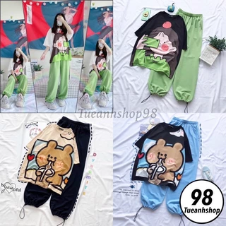 Set đồ bộ quần dài Jogger DÂY RÚT ỐNG BO phối áo thun 3D Cartoon form rộng 38-65kg TUEANHSHOP