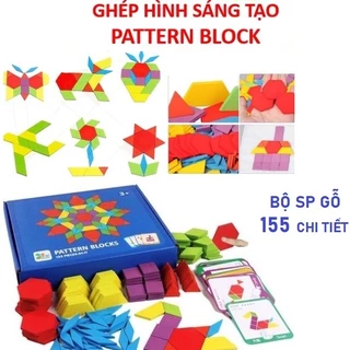 [SỈ] ĐỒ CHƠI MONTESSORI, ĐỒ CHƠI GỖ GHÉP HÌNH THEO MẪU 155 Chi Tiết Pattern Blocks BÉ THẢ SỨC SÁNG TẠO- Hàng Đẹp Loại 1