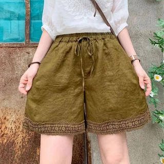 2023 Mới Cotton Vải Lanh Quần Short Nữ Retro Văn Học Công Nghiệp Nặng Phối Ren Eo Co Giãn Quần Ống Rộng Quần Crop Thường Ngày Quần Nóng